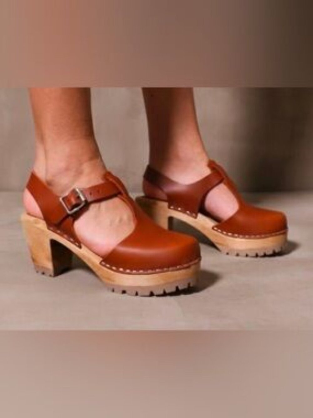 MIA Brown Leather Mary Jane Clog Heels